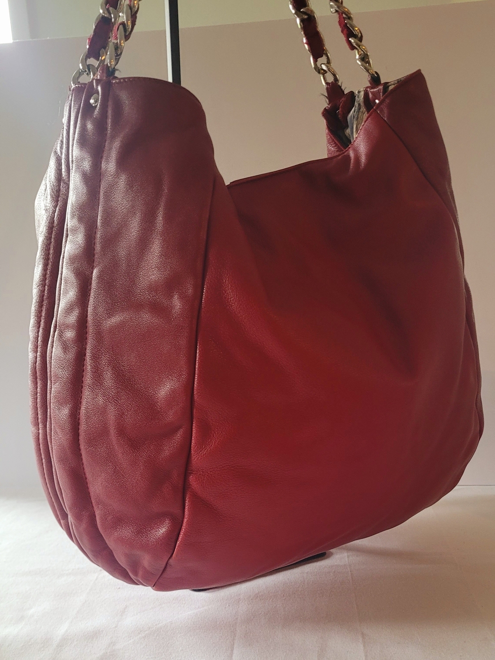 Furla Vintage  Red Leather Hobo Shoulder Bag with Chain-Strap Detail